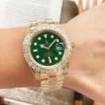 Replica Rolex Submariner Green Face Yellow Gold Case Diamonds Bezel Watch 40mm